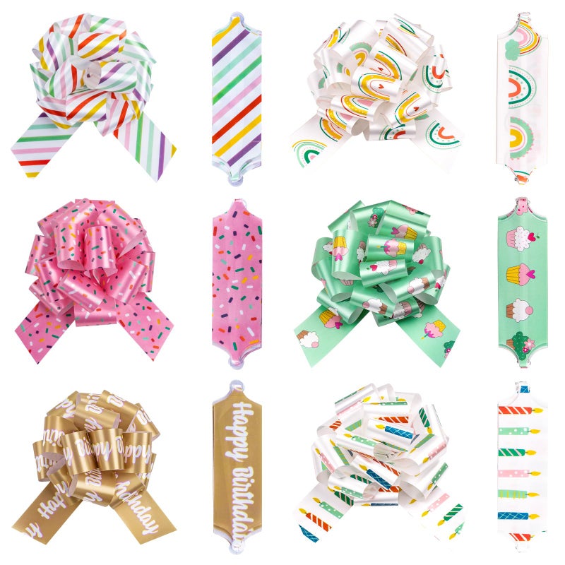 LeZakaa 12PCS Birthday Pull Bows with Ribbon - Cupcake  Rainbow and Candles Design - Perfect for Gift Wrapping  Florist  Bouquet  Basket - Image 1